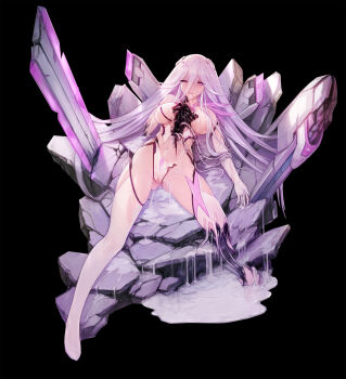 Rule 34 | 1girl, android, bad id, bad pixiv id, bare shoulders, breasts, cable, chinese commentary, commentary request, damaged, elbow gloves, gloves, gluteal fold, hair ornament, headgear, highres, large breasts, long hair, lying, mecha musume, mechabare, navel, on back, open mouth, photoshop (medium), pink hair, reina (xipuria), science fiction, sky diver xipuria, solo, spread legs, tears, thighhighs, torn clothes, torn thighhighs, zhuore zhi hen