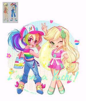 Rule 34 | 2girls, ;d, absurdres, animal ears, applejack, applejack (equestria girls), arm up, bag, bare arms, bare shoulders, baseball cap, blonde hair, blue bag, blue footwear, blue hair, blue pants, border, chinese commentary, closed mouth, commentary request, crossed legs, cutie mark, deformed, dress, english text, fake animal ears, flower, freckles, full body, green eyes, green footwear, green hair, hair between eyes, hair ornament, hairband, halftone, halftone background, hand on own hip, hat, heart, highres, holding, holding swim ring, horse ears, innertube, kewoshixiaodaia, leaf hair ornament, long hair, looking at viewer, looking back, low-tied long hair, multicolored hair, multicolored shirt, multiple girls, my little pony, my little pony: equestria girls, my little pony: friendship is magic, official alternate costume, official alternate hairstyle, one eye closed, open mouth, orange hair, outside border, pants, pink dress, pink eyes, pink flower, pink hairband, plaid clothes, plaid dress, plaid hairband, ponytail, purple hair, rainbow dash, rainbow dash (equestria girls), rainbow hair, red hair, reference inset, round border, shirt, short sleeves, shoulder bag, simple background, sleeveless, sleeveless shirt, smile, sparkle, standing, swim ring, tongue, tongue out, w, white border