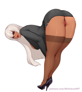 1girl artist_name ass bent_over black_jacket black_skirt blunt_bangs breasts brown_thighhighs commission dark-skinned_female dark_skin full_body high_heels highres jacket large_breasts lips lipstick long_hair long_legs looking_at_viewer makeup mascara microskirt nofuture office_lady original paid_reward_available panties pantyshot patreon_username pencil_skirt red_eyes red_lips red_panties sidelocks simple_background skirt smile solo stiletto_heels tan thick_thighs thighhighs thighs underwear watermark web_address white_background white_hair