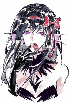 absurdres akemi_homura akuma_homura bare_shoulders black_collar black_gloves black_hair bow collar commentary_request detached_collar fangs gloves hair_bow hair_ribbon hairband hand_up highres long_hair looking_at_viewer mahou_shoujo_madoka_magica mouth_hold purple_eyes red_bow red_hairband red_ribbon ribbon ribbon_in_mouth simple_background upper_body white_background