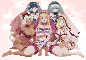 5girls :q amber_idanokan animal_ear_fluff animal_ears aqua_eyes aqua_hair ass babydoll barefoot black_veil blonde_hair blue_eyes blue_hair blush breasts cat_ears cat_girl cat_tail cleavage closed_mouth frilled_thigh_strap frilled_wrist_cuffs frills full_body gluteal_fold granat_needakitta grin highres horns kekkon_yubiwa_monogatari large_breasts lingerie long_hair multiple_girls navel nephrites_lomka nonaka_himeno official_art open_mouth panties pink_babydoll pink_background pink_panties pink_veil pink_wrist_cuffs red_veil saphir_maasa short_hair small_breasts smile squatting tail thigh_strap tongue tongue_out underwear veil white_horns wrist_cuffs