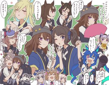 6+girls :d @_@ ^_^ absurdres animal_ears arm_up beanie black_hair black_shirt blonde_hair blue_bow blue_eyes blue_hair blue_hat blush_stickers border bow brown_hair brown_hat chibi clenched_hand closed_eyes closed_mouth commentary_request curren_chan_(umamusume) ear_covers ears_through_headwear folding_fan gold_creator_award gold_ship_(umamusume) green_background grey_hair grey_hat hair_between_eyes hair_bow hand_fan hat heterochromia highres holding holding_fan horse_ears kita_high_school_uniform long_hair matikanetannhauser_(umamusume) microphone mini_hat multicolored_hair multiple_girls nakayama_festa_(umamusume) neo_universe_(umamusume) newsboy_cap oguri_cap_(umamusume) open_mouth outline parted_lips purple_eyes red_eyes romaji_text satono_diamond_(umamusume) school_uniform shirt sirius_symboli_(umamusume) smart_falcon_(umamusume) smile splendor_of_onyx_(umamusume) streaked_hair tap_dance_city_(umamusume) tilted_headwear tosen_jordan_(umamusume) translation_request twin_turbo_(umamusume) twintails two-tone_hair umamusume usako_(umauma0602) white_border white_hair white_outline youtube_creator_award