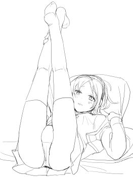 1boy blush bulge commentary_request crossed_ankles dot_nose full_body grey-haired_boy_(sunaba_(nczd5875)) head_on_pillow headphones highres legs_up looking_at_viewer lying male_focus medium_hair monochrome on_back on_bed original panties parted_lips partial_commentary pillow pleated_skirt sailor_collar sailor_shirt shirt sketch skirt solo sunaba_(nczd5875) thighhighs thighs underwear white_background