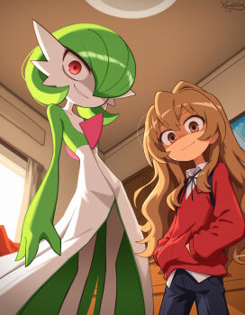 1girl aisaka_taiga brown_eyes brown_hair gardevoir gen_3_pokemon green_hair hair_over_one_eye highres indoors long_hair nintendo nyantation pants pokemon pokemon_(creature) red_eyes short_hair signature smile standing toradora!