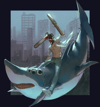 Rule 34 | 1boy, advanced random, arm up, beam (chainsaw man), black border, border, chainsaw, chainsaw man, collared shirt, denim, denji (chainsaw man), full body, hashtag-only commentary, highres, jeans, male focus, navel, nipples, open clothes, open shirt, outside border, pants, pull cord, riding shark, shark, shirt, shoes, sleeves rolled up, transformation, white shoes