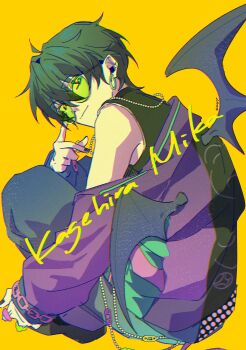 1boy bead_necklace beads bespectacled chain closed_mouth commentary earrings ensemble_stars! feature_scout_2_(ensemble_stars!) fingernails glasses green_hair hair_between_eyes highres hoop_earrings jewelry kagehira_mika layered_clothes looking_at_viewer male_focus nail_polish necklace official_alternate_costume short_hair simple_background smile solo utahyaya wings yellow_background