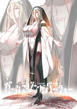 1girl absurdres areola_slip black_dress black_thighhighs black_veil blonde_hair blush breasts detached_sleeves dress full_body girls_zombie_party highres kojima_takeshi large_breasts long_hair long_sleeves looking_to_the_side nun pelvic_curtain purple_eyes solo thighhighs traditional_nun veil wide_sleeves