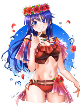 1girl absurdres bikini blue_eyes blue_hair breasts cleavage cloud commentary cropped_legs fire_emblem fire_emblem:_the_binding_blade fire_emblem_heroes flower flower_wreath gluteal_fold grin hair_flower hair_ornament highres lilina_(fire_emblem) lilina_(summer)_(fire_emblem) long_hair looking_at_viewer medium_breasts nintendo official_alternate_costume red_bikini smile swimsuit teeth tsukimura_(d24f4z8j3t)
