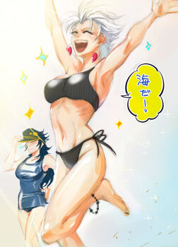 2girls anklet anzumame bikini black_hair earrings genderswap genderswap_(mtf) grey_hair hat jean_pierre_polnareff jewelry jojo_no_kimyou_na_bouken kuujou_joutarou multiple_girls sparkle swimsuit translated