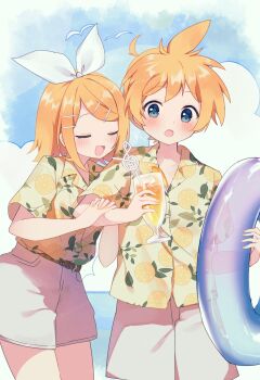 1boy 1girl ahoge beach belt belt_buckle bird blonde_hair blue_eyes blue_sky blush bow brother_and_sister brown_belt buckle closed_eyes cloud collared_shirt crazy_straw cup drink drinking_straw eyelashes food_print food_theft fruit_print hair_bow hair_ornament hairclip highres holding holding_cup holding_drink holding_swim_ring ice ice_cube innertube kagamine_len kagamine_rin looking_to_the_side mani_(manidrawings) medium_hair ocean open_mouth orange_print parallel_hairclips ponytail seagull shirt short_ponytail shorts siblings sky summer surprised swept_bangs swim_ring treble_clef twins twitter_username vocaloid water watermark white_bow white_shorts yellow_shirt
