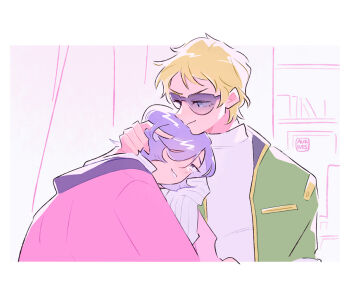 2boys artist_name aukives bad_id bad_pixiv_id blonde_hair blue_eyes bookshelf char_aznable closed_mouth garma_zabi green_jacket grin gundam hand_in_another&#039;s_hair indoors jacket jacket_on_shoulders looking_at_another looking_up male_focus mobile_suit_gundam_the_origin multiple_boys purple_eyes purple_hair shirt short_hair smile sunglasses turtleneck upper_body white_shirt yaoi