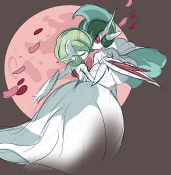 2girls alternate_design alternate_hairstyle alternate_universe arm_blade ball_gown bob_cut brown_background capelet closed_eyes colored_skin commentary dancing dress english_commentary facing_another full_moon gallade gardevoir gen_3_pokemon gen_4_pokemon genderswap genderswap_(mtf) green_hair highres holding_hands interlocked_fingers lampette looking_at_another mega_gallade mega_gardevoir mega_pokemon midair mohawk moon multiple_girls nintendo pink_petals pokemon pokemon_(creature) pokemon_focus red_eyes sketch skirt strapless strapless_dress tutu unfinished weapon white_arm_warmers white_capelet white_dress white_skin white_skirt wind