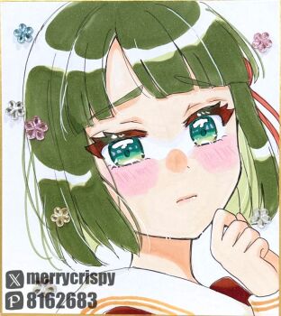 1girl blush closed_mouth commentary green_eyes green_hair hasu_no_sora_school_uniform light_frown link!_like!_love_live! long_sleeves looking_at_viewer love_live! momose_ginko nagatsuki_chihoru photo_(medium) pixiv_id pixiv_logo portrait raised_inner_eyebrows sailor_collar school_uniform shikishi simple_background solo traditional_media twitter_username twitter_x_logo virtual_youtuber white_background white_sailor_collar winter_uniform