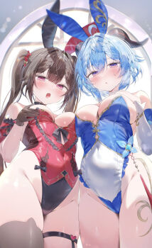 2girls alternate_costume animal_ears bare_shoulders blue_hair blue_leotard blush breasts brown_gloves brown_hair cleavage comiket_107 commentary_request fake_animal_ears ganyu_(genshin_impact) genshin_impact gloves goat_horns grabbing_own_breast grey_thighhighs hair_between_eyes hand_on_own_chest highleg highleg_leotard highres honkai:_star_rail honkai_(series) horns large_breasts leotard long_hair looking_at_viewer medium_breasts multicolored_leotard multiple_girls open_mouth pekokota playboy_bunny purple_eyes rabbit_ears red_eyes red_leotard single_thighhigh sparkle_(honkai:_star_rail) strapless strapless_leotard textless_version thigh_strap thighhighs twintails two-tone_leotard very_long_hair white_leotard