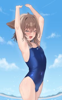 1boy absurdres animal_ears armpits arms_up bare_shoulders blue_one-piece_swimsuit blue_sky cat_boy cat_ears commentary covered_navel cowboy_shot day english_commentary fang furrowed_brow highres looking_at_viewer male_focus mountainous_horizon one-piece_swimsuit open_mouth original osugaki outdoors outstretched_arms rat_squeak sky smile solo swimsuit trap tsurime twitter_username wet
