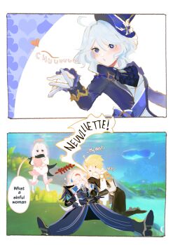 2boys 2girls absurdres aether_(genshin_impact) blowing_kiss comic damage_numbers fainting furina_(genshin_impact) genshin_impact highres multiple_boys multiple_girls neuvillette_(genshin_impact) paimon_(genshin_impact) parody seal seant sousou_no_frieren