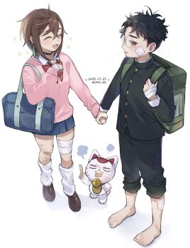 1boy 2girls ayase_momo backpack bag bandaged_hand bandaged_leg bandages bandaid bandaid_on_cheek bandaid_on_face bandaid_on_knee bandaid_on_leg barefoot black_choker black_hair black_jacket black_pants blue_skirt blush bow bowtie brown_eyes brown_hair brown_shoes cat choker closed_eyes comimingming crossed_bangs dandadan dated earrings facing_another full_body gakuran glasses gyaru hair_between_eyes highres holding_hands jacket jewelry kami_high_school_uniform long_sleeves looking_at_another loose_socks maneki-neko messy_hair miniskirt multiple_girls open_mouth pants pants_rolled_up pink_sweater pleated_skirt puff_of_air red_bow red_bowtie round_eyewear school_uniform shirt_under_sweater shoes short_hair simple_background skirt socks sparkle standing sweater takakura_ken_(dandadan) turbo_granny_(dandadan) twitter_username white_background white_socks wing_collar