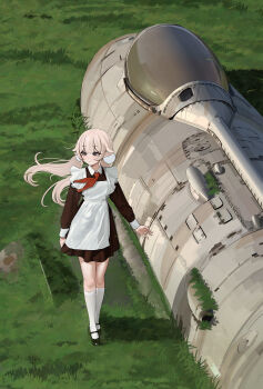1girl absurdres ahoge aircraft airplane blonde_hair dress frilled_dress frills grass grey_eyes highres kiriyaukiyoe laika_(kiriyaukiyoe) long_hair looking_to_the_side maid necktie original red_necktie school_uniform shoes socks solo soviet soviet_school_uniform standing twintails very_long_hair white_socks