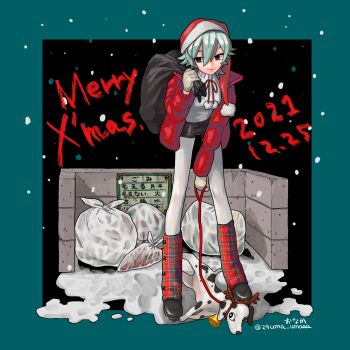 1girl animal black_eyes commentary_request dalmatian dated dog full_body grey_hair highres jacket leg_warmers looking_at_viewer merry_christmas original red_jacket short_hair shorts snowing solo standing sukuyo_onaka trash_bag