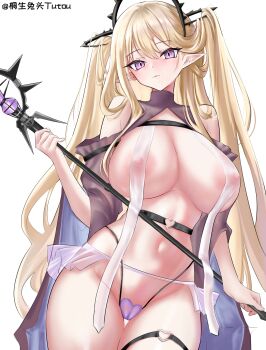 1girl absurdres alternate_breast_size_(larger) arknights artist_name blonde_hair blush breast_curtains breasts cameltoe closed_mouth cowboy_shot detached_sleeves heart heart_o-ring highres holding holding_staff huge_breasts indigo_(arknights) large_breasts long_hair long_sleeves looking_at_viewer luhuaic navel nipples o-ring panties pointy_ears purple_eyes purple_panties see-through_clothes showgirl_skirt simple_background smile solo staff thigh_gap thigh_strap thong underwear very_long_hair white_background wide_sleeves