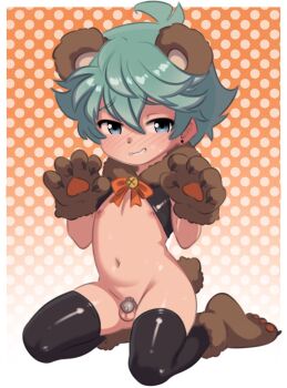 1boy animal_costume animal_ears bear_costume bear_ears beege blush chastity_cage claw_pose kneeling nipples shota sweat thighhighs