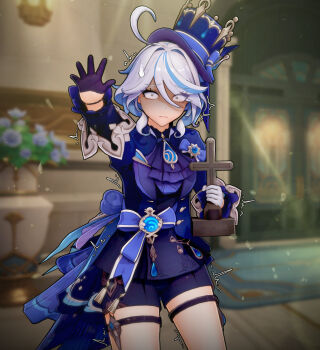 1girl actualekusu asymmetrical_gloves blue_eyes blue_gemstone blue_hat blue_jacket blue_streaks cross drop-shaped_pupils eyelash_ornament furina_(genshin_impact) gem genshin_impact gloves hat heterochromia highres holding holding_cross hydro_symbol_(genshin_impact) jacket long_hair mismatched_gloves mismatched_pupils multicolored_hair non-web_source scared streaked_hair symbol-shaped_pupils top_hat
