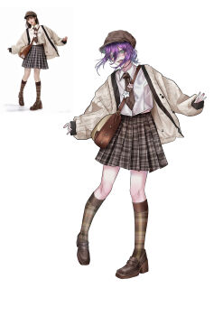 1girl :d absurdres brown_bag brown_necktie brown_skirt brown_socks cardigan chainsaw_man collared_shirt cropped_shirt crossbody_bag dadakko floating_hair full_body green_eyes hair_between_eyes hair_bun hashtag-only_commentary hat highres kneehighs loafers long_hair_between_eyes looking_at_viewer monocle necktie newsboy_cap open_cardigan open_clothes open_mouth photo-referenced plaid_clothes plaid_skirt purple_hair reference_inset reze_(chainsaw_man) shirt shoes single_hair_bun skirt sleeves_past_wrists smile socks solo standing