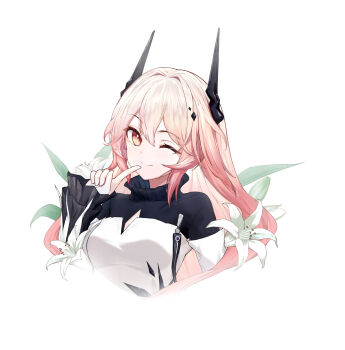 1girl arknights black_horns closed_mouth collared_dress cropped_torso double-parted_bangs dress flower gmg_(jiang35562897) hair_between_eyes hair_intakes hand_up highres horns index_finger_raised long_hair long_sleeves looking_at_viewer material_growth one_eye_closed oripathy_lesion_(arknights) pink_eyes pink_hair simple_background sleeves_past_wrists smile solo theresa_(arknights) white_background white_dress white_flower