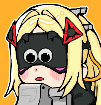 1girl absurdres andii_(anzai_teachco) black_mask blindfold_mask blonde_hair blush chibi commentary_request eye_mask googly_eyes hair_ornament highres long_hair mask open_mouth orange_background outline ponytail sidelocks simple_background solo trigger_(zenless_zone_zero) upper_body white_outline zenless_zone_zero