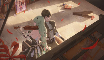 1boy 1girl absurdres bad_id bad_pixiv_id bare_shoulders black_dress black_hair black_jacket black_pantyhose breasts commentary dress english_commentary flower grey_hair grey_shirt highres indoors instrument jacket long_hair male_rover_(wuthering_waves) medium_breasts multicolored_hair music official_art_inset pantyhose phrolova_(wuthering_waves) playing_instrument rover_(wuthering_waves) sheet_music shirt spider_lily streaked_hair tacet_mark_(wuthering_waves) toroe02 violin wuthering_waves yellow_eyes