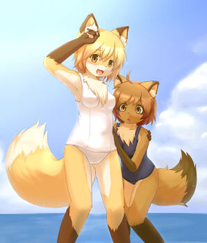 Rule 34 | 2girls, ahoge, animal ears, armpits, cloud, fang, fox ears, fox tail, furry, happy, kagerofu, multiple girls, ocean, one-piece swimsuit, open mouth, orange eyes, school swimsuit, sky, smile, standing, swimsuit, tail