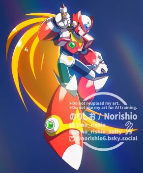 Rule 34 | 1boy, android, armor, blonde hair, blue background, chest jewel, forehead jewel, helmet, highres, holding, long hair, male focus, mega man (series), mega man x (series), no-rishio, red armor, red helmet, simple background, solo, watermark, zero (mega man)