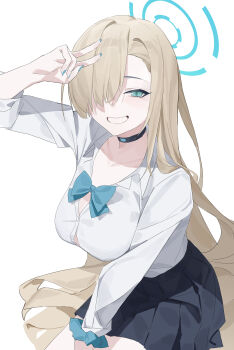 1girl absurdres asuna_(blue_archive) asuna_(school_uniform)_(blue_archive) asymmetrical_bangs black_choker black_skirt blonde_hair blue_archive blue_bow blue_bowtie blue_halo blue_nails blue_scrunchie bow bowtie breasts button_gap buttons chinese_commentary choker collarbone collared_shirt commentary_request dress_shirt fanshuimucishen fingernails green_eyes grin hair_over_one_eye halo highres large_breasts long_hair long_sleeves looking_at_viewer miniskirt pleated_skirt school_uniform scrunchie shirt simple_background sitting skirt smile solo v v_over_head very_long_hair white_background white_shirt wrist_scrunchie