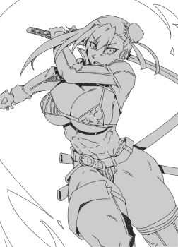 1girl abs american_flag american_flag_bikini american_flag_print asymmetrical_gloves bikini breasts bun_cover cleavage commentary_request fate/grand_order fate_(series) fingerless_gloves flag_print flag_print_bikini gloves greyscale gunblade hair_bun hair_ribbon highres large_breasts long_hair long_sleeves looking_at_viewer minew miyamoto_musashi_(fate) miyamoto_musashi_(fate/grand_order) miyamoto_musashi_(swimsuit_berserker)_(fate) miyamoto_musashi_(swimsuit_berserker)_(second_ascension)_(fate) monochrome navel open_mouth print_bikini ribbon sheath shrug_(clothing) single_side_bun solo swept_bangs swimsuit thick_thighs thighhighs thighs toned toned_female weapon