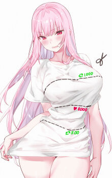 1girl blush breasts commentary fang fingernails highres hololive hololive_english kamiya_maneki large_breasts like_and_retweet long_hair looking_at_viewer mori_calliope nail_polish open_mouth pink_eyes pink_hair pink_nails shirt short_sleeves simple_background skin_fang solo symbol-only_commentary t-shirt teeth thighs twitter_cutting_game twitter_strip_game virtual_youtuber white_background white_shirt