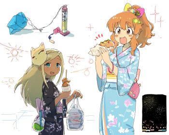 2girls :3 :d absurdres alternate_costume alternate_hairstyle aqua_eyes bag black_kimono blonde_hair blush_stickers bow bracelet dark-skinned_female dark_skin festival fireworks floral_print floral_print_kimono food fox_mask hair_bow high_ponytail highres holding holding_bag holding_food holding_sandwich idolmaster idolmaster_cinderella_girls jaggy_lines japanese_clothes jewelry kimono layla_(idolmaster) long_hair looking_at_viewer looking_back mask mask_on_head moroboshi_kirari multiple_girls nendo23 obi open_mouth orange_eyes orange_hair ponytail print_kimono sandwich sash sketch smile sparkle wide_sleeves yukata