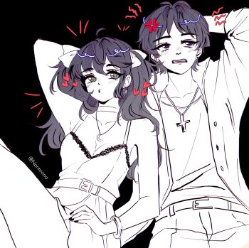 1boy 1girl absurdres alternate_costume anger_vein aqua_eyes arm_behind_head arm_up bare_shoulders belt belt_buckle black_background blunt_ends bow bracelet breasts buckle casual choker cleavage contemporary crescent crescent_necklace cross cross_necklace dress earrings eyelashes fingernails genshin_impact greyscale hair_between_eyes hair_bow hand_on_own_hip heart highres imitating jacket jewelry lace lace-trimmed_dress lace_trim light_blush long_hair looking_at_another looking_up medium_breasts mona_(genshin_impact) monochrome necklace normnnna o3o open_clothes open_jacket open_mouth purple_eyes scaramouche_(genshin_impact) shoulder_blush sidelocks spaghetti_strap spot_color star_(symbol) star_earrings teeth three-quarter_sleeves tsurime twintails twitter_username undershirt upper_teeth_only wispy_bangs