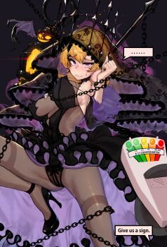 ... 1girl alternate_costume bad_id bad_pixiv_id black_footwear blonde_hair bound chain counter:side covered_erect_nipples crossover deliciousmeatart emf_reader english_text high_heels highres ingrid_johanna looking_at_viewer official_alternate_costume panties phasmophobia pink_eyes speech_bubble sweatdrop underwear veil