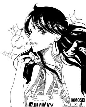 1girl aged_down apron character_name cigarette commentary earrings greyscale highres iamosix2 instagram_username jewelry long_hair monochrome one_piece shakuyaku_(one_piece) sleeveless smile smoke snake_earrings solo sparkle twitter_username upper_body