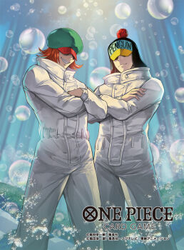 2boys bubble commentary_request copyright_name covered_eyes cowboy_shot crossed_arms hat jumpsuit looking_at_viewer male_focus moreshan multiple_boys official_art one_piece one_piece_card_game orange_hair outdoors penguin_(one_piece) shachi_(one_piece) smile white_jumpsuit