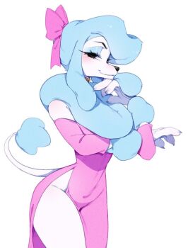 1girl animal_ears animal_hands black_eyes blue_eyeshadow blue_fur blue_hair bow collar commentary dog_ears dog_girl dog_tail dress english_commentary eyeshadow from_side furry furry_female georgette_(oliver_&amp;_company) hair_bow looking_at_viewer makeup oliver_&amp;_company personification pink_bow pink_dress poodle punipaws simple_background smile snout solo standing tail white_background white_fur