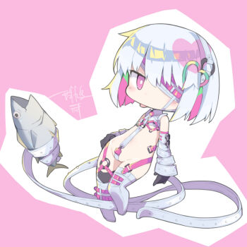 1girl black_gloves blush bright_pupils chibi chibi_only crotch_strap dohna_dohna_issho_ni_warui_koto_o_shiyou eyepatch fish gloves lock looking_at_viewer murabatodenki no_mouth no_nose o-ring padlock pink_background pink_eyes porno_(dohna_dohna) short_hair signature thighhighs white_pupils white_thighhighs wide_hips
