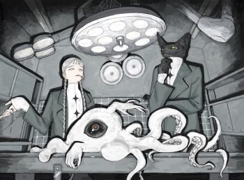 1girl 1other alien black_cat black_suit braid cat cat_boy collared_shirt formal_clothes gloves grey_background grey_hair highres huyu_pm04 jacket looking_at_viewer necktie octopus shirt smoking suit suit_jacket surgeon surgical_light surgical_scissors twin_braids white_octopus