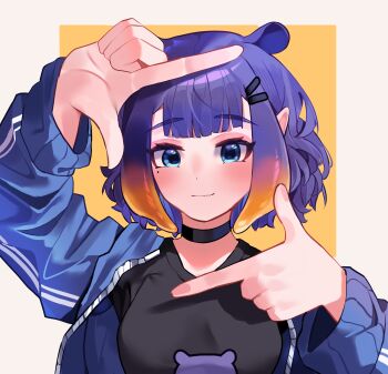1girl absurdres alternate_costume alternate_hair_length alternate_hairstyle animal_ears black_choker black_shirt blue_eyes blue_jacket blush breasts center-flap_bangs choker closed_mouth clulless commentary english_commentary finger_frame gradient_hair hair_ornament hands_up highres hololive hololive_english jacket long_sleeves looking_at_viewer mole mole_under_eye multicolored_hair ninomae_ina&#039;nis open_clothes open_jacket pointy_ears purple_hair shirt short_hair small_breasts smile solo tentacle_hair upper_body virtual_youtuber