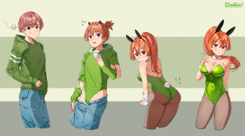 1boy 1girl animal_ears ass black_eyes blush breasts brown_hair chadtow commentary covered_navel denim english_commentary fishnet_pantyhose fishnets fluff genderswap genderswap_(mtf) green_leotard green_nails green_sweater highres jeans leotard long_hair medium_breasts orange_hair original pants pantyhose pink_eyes playboy_bunny ponytail rabbit_ears sequential smile surprised sweater torn_clothes transformation transforming_clothes v