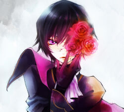 Rule 34 | 1boy, ascot, black gloves, black hair, black jacket, code geass, commentary request, cracked skin, flower, flower over eye, gloves, jacket, lelouch vi britannia, long sleeves, looking at viewer, lowres, male focus, parted lips, pink eyes, portrait, red flower, red rose, rose, short hair, simple background, solo, white ascot, white background, yuukichi