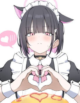 Rule 34 | 1girl, alternate costume, animal ears, apron, black choker, black hair, blue archive, blunt bangs, blunt ends, blush, cat ears, choker, colored inner hair, commentary, enmaided, extra ears, food, frilled apron, frills, heart, heart hands, highres, kazusa (blue archive), ketchup, looking at viewer, maid, maid apron, maid headdress, moe moe kyun!, multicolored hair, neck ribbon, omelet, pink eyes, pink hair, pink ribbon, puffy short sleeves, puffy sleeves, ribbon, short hair, short sleeves, simple background, solo, spoken blush, spoken heart, sweatdrop, two-tone hair, upper body, white apron, white background, wrist cuffs, yuukun mk-ii