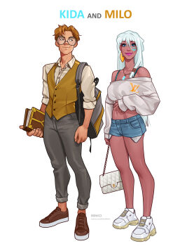 1boy 1girl alternate_costume artist_name atlantis:_the_lost_empire backpack bag blue_eyes blue_shorts book bra_strap brown_footwear brown_hair brown_vest character_name collared_shirt cropped_shirt dark-skinned_female dark_skin denim denim_shorts glasses grey_pants handbag highres holding holding_book kidagakash long_hair midriff off_shoulder olena_minko pants patreon_username round_eyewear shirt shoes short_hair short_shorts shorts sneakers strapless strapless_shirt vest watermark web_address white_bag white_footwear white_hair white_shirt