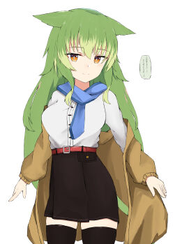 1girl absurdres animal_ears belt belt_buckle black_thighhighs breasts brown_jacket brown_skirt buckle closed_mouth commentary_request green_hair hair_between_eyes highres jacket long_hair long_sleeves looking_at_viewer medium_breasts multicolored_hair nyaha off_shoulder open_clothes open_jacket orange_eyes original puffy_long_sleeves puffy_sleeves red_belt shirt simple_background skirt smile solo streaked_hair tail thighhighs translation_request very_long_hair white_background white_shirt