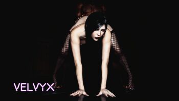 1boy 1girl 3d absurdres ada_wong all_fours artist_name black_background black_hair dark-skinned_male dark_skin fishnets from_behind goth_fashion high_heels highres interracial lips lipstick looking_at_viewer makeup non-web_source resident_evil simple_background source_request velvyx